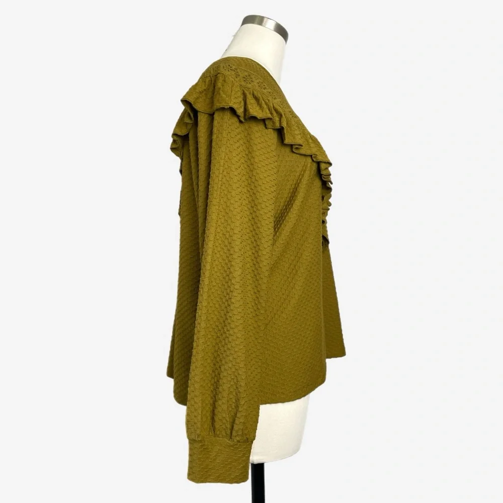 Jcrew NWT Olive green ruffle yoke honeycomb knit top prairecore boho western L
